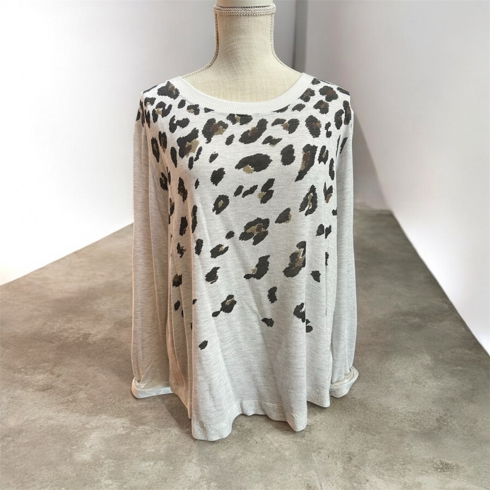 Olivia Moon sz LG leopard print long sleeve tunic shirt top ribbon tie back
